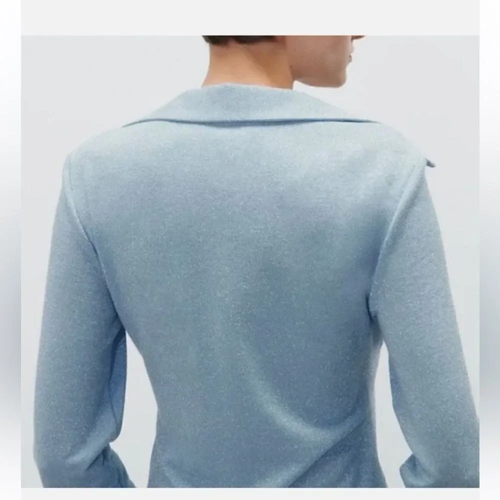 NWOT ZARA Sparkle Ruched Button Front Cutout Long Sleeve Blouse Light Blue Sz S